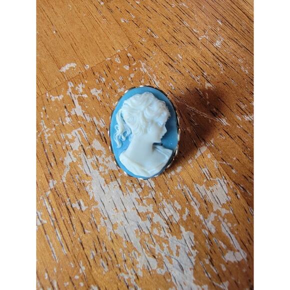 Vintage Carved Resin Blue Cameo Woman's Face Gold Tone Backing Brooch Pin 1 Inch - Picture 1 of 4